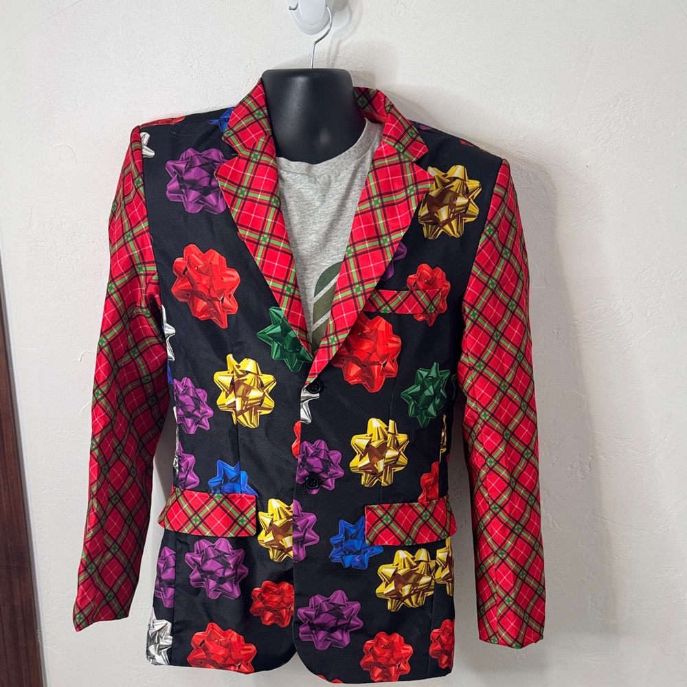 Holiday Time Holiday Party Christmas Colorful Bow Patterned Blazer Size S